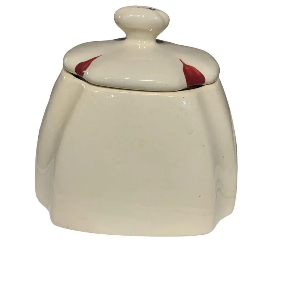 Purinton Slip Ware Handpaint Pottery Ivy Red Blossom Canister w/Lid VTG 1940s US